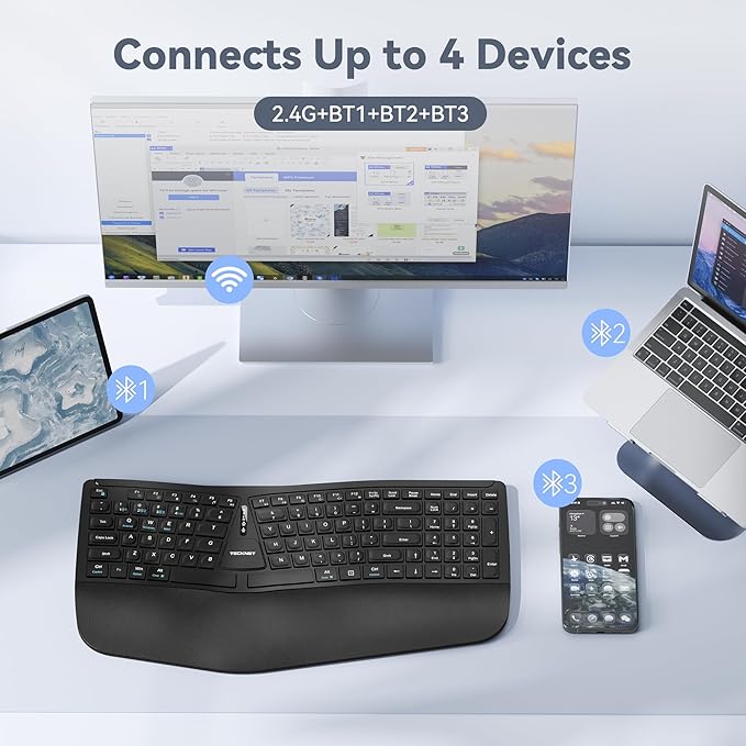 TECKNET Wireless Ergonomic Keyboard Rechargeable, 2.4G+Bluetooth Ergo Cordless USB Computer Keyboard, Wrist Rest, Natural Typing, Stain-Resistant Fabric, Compatible For Windows Computer Desktop Laptop