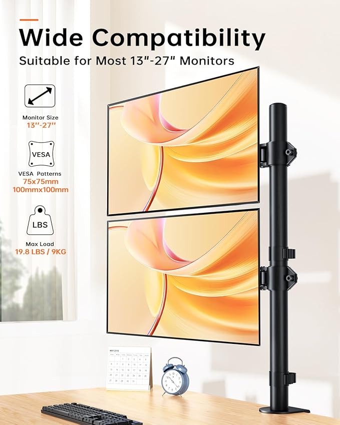 Dual Monitor Stand for 13-27'' Monitors, Vertical Stack Screen Free-Standing Monitor Riser with Swivel, Tilt, Height Adjustable, Holds One (1) Screen Up to 35Lbs, 75x75/100x100 VESA, C-Clamp