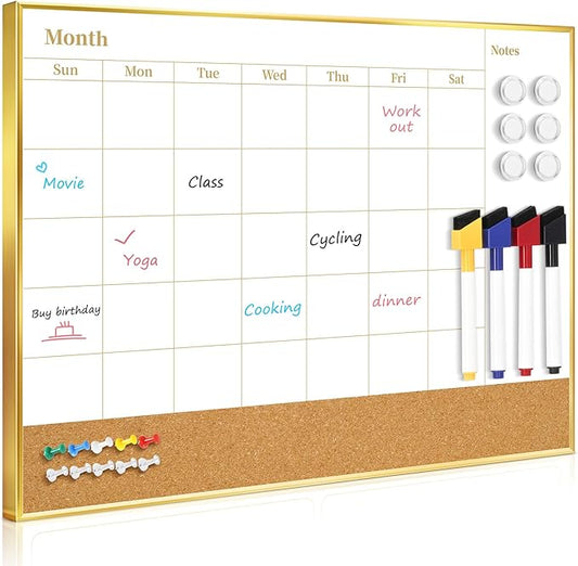 Small Dry Erase Calendar Whiteboard and Cork Board Combo, 16'' x 12'' Monthly White Board with Gold Aluminum Frame, Portable Calendar Board for Home Office School