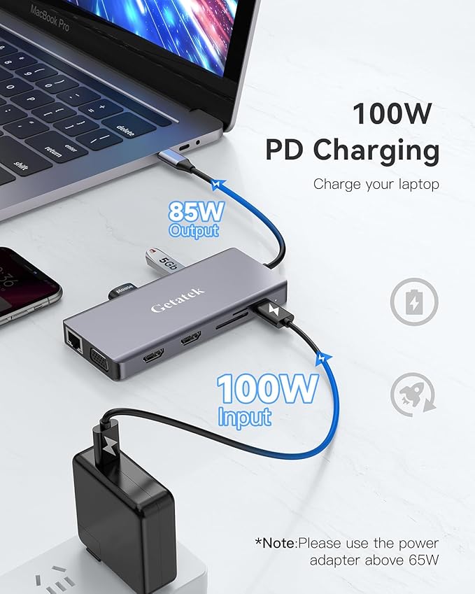 USB Docking Station 2 HDMI, USB 3.0 Hub to HDMI Adapter with 3 USBA 3.0 up to 5Gbps, USBC Data Port & 1 USB 2.0 Port, 100W PD& VGA, SD Card Reader, Multiport USB Dongle with Kensington Safety Lock