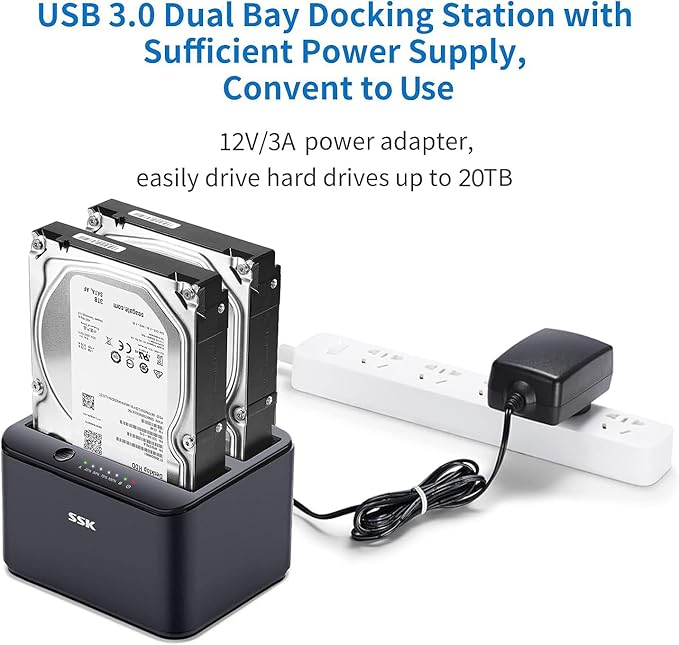 SSK Aluminum Hard Drive Docking Station, USB 3.0 to SATA Dual Bay External HDD Dock Caddy Reader for 2.5 & 3.5 inch SATA HDD SSD, with UASP Offline Cloner/Duplicator Function (2x20TB Supports) Black