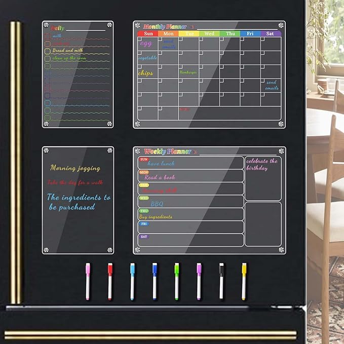 4Pcs Fridge Calendar Set, Clear Magnetic Dry Erase Daily, Weekly, Monthly Planners & Menu Board, w/ 2 Packs of 8 Markers
