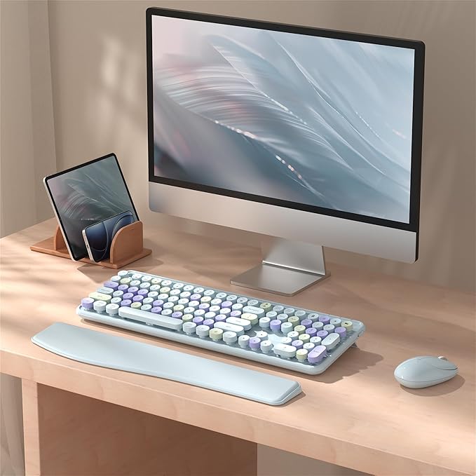 Colorful Wireless Computer Keyboard and Mouse Combo with Phone Holder, Wrist Rest, Typewriter Keys, 2.4GHz Wireless, Full-Sized Optical Mouse for PC and Laptop (Light Blue)