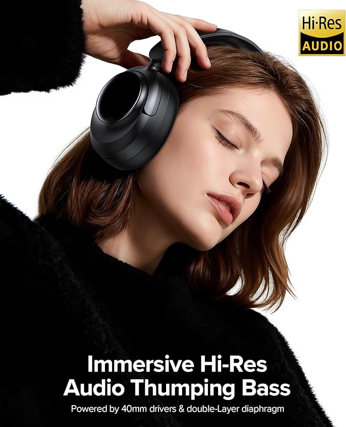 Hybrid Active Noise Cancelling Headphones,120H Playtime Bluetooth 6.0 Over Ear Headphones with Hi-Res Audio,5 ENC Mics Clear Call,HiFi Stereo Foldable Wireless Headphone Headset for Travel Office Game
