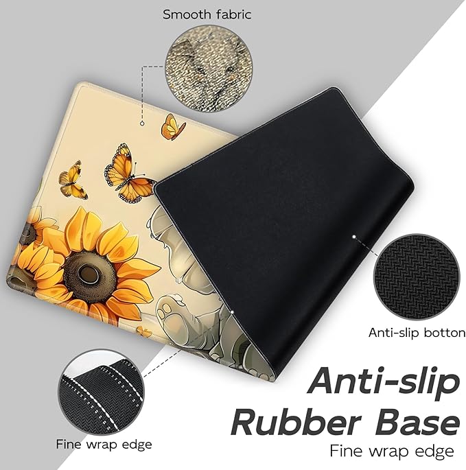Gaming Mouse Pad Set, Cute Elephant Large Desk Mat Mousepad, Keyboard Wrist Support, Mouse Wrist Rest, Coaster 4in1 Ergonomic Memory Foam, Non-Slip Stitched Edge for Home Office