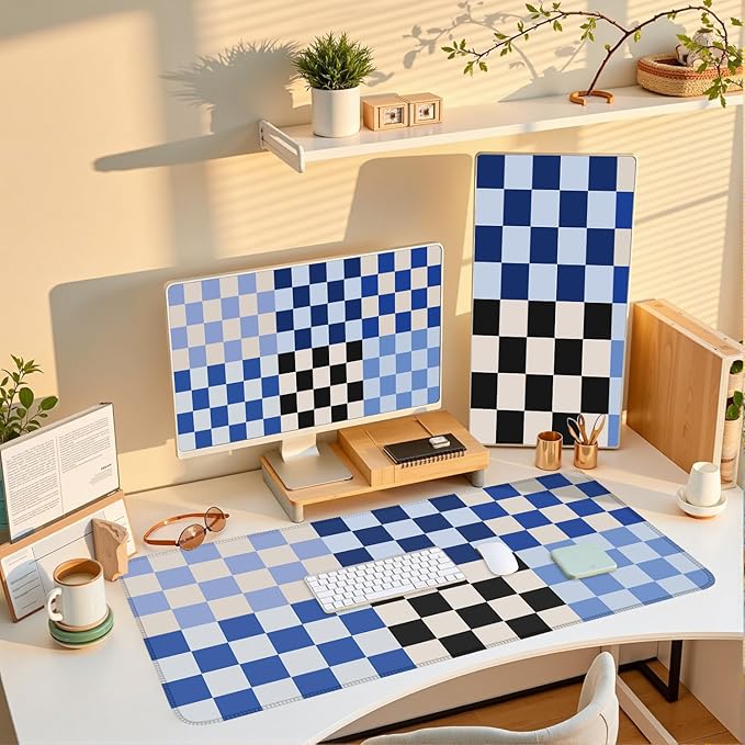 Checkered Desk Mat Blue Large Mouse Pad with Stitched Edges, XXL Keyboard Pad Mouse Mat for Computer Deor Desk Matt for Desktop 31.5 X 15.7In