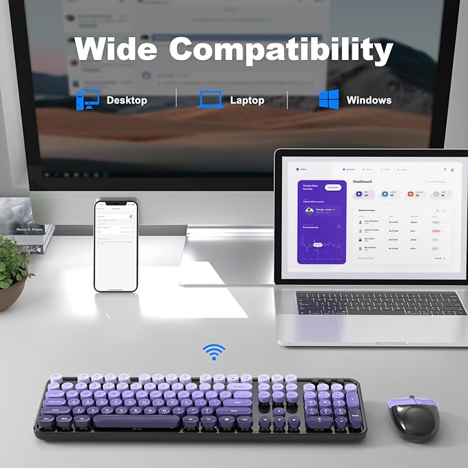 MOFII Wireless Computer Keyboard and Mouse Combo, Typewriter Full Size Keyboard with Number Pad and 2 in 1 USB Connected Mouse for PC Laptop Desktop Windows 7 8 11, Black & Purple