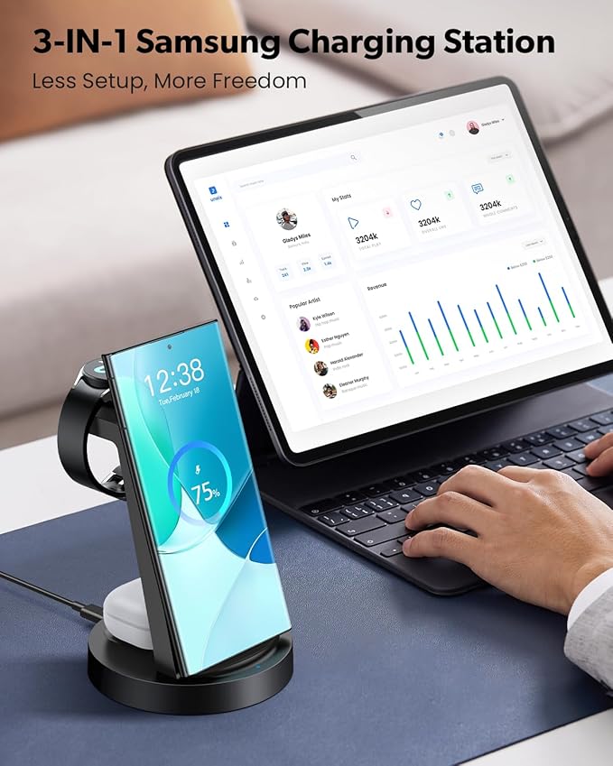 Wireless Charger for Samsung: 3 in 1 Wireless Charging Station for Samsung Galaxy Watch 8 7 6 5 4 3 Pro Classic Galaxy Buds - Charger Dock Stand for S26 S25 S24 Ultra S23 S22 S21 Note Z Fold Android