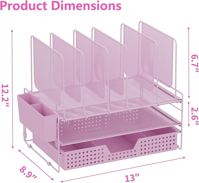 Pink Desk Organizer, Office Organization with Vertical File Holder, File Organizer with Drawer and Pen Holder, Desk Accessories and Workspace Organizers for Home Office (Pink)