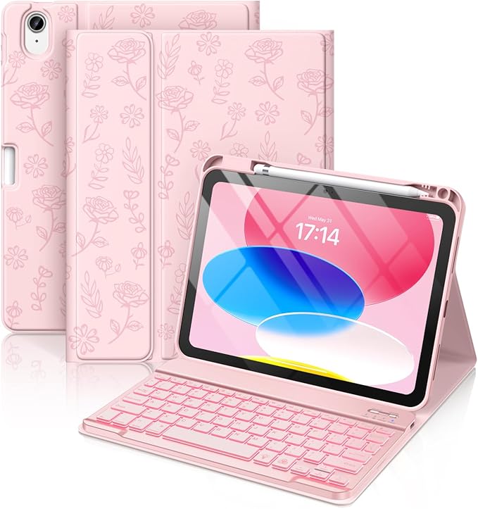 Hamile for iPad 11th 10th Generation Case with Keyboard - 7 Colors Backlit Wireless Detachable Folio Keyboard Cover with Pencil Holder for iPad A16 11-inch 2025 10th Gen 10.9 Inch 2022 (Pink Rose)