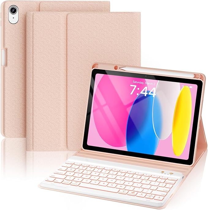 OYEEICE for iPad 11th (A16) &10th Generation Case with Keyboard - 7 Color Backlit Wireless Detachable Folio Keyboard Cover with Pencil Holder for iPad 11 inch A16 2025 10th Gen 10.9'' 2022 - Pink
