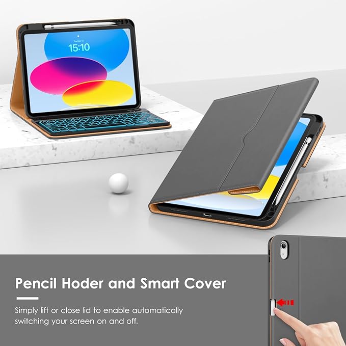 VIKESI Keyboard Case for iPad (A16,2025) 11th Generation/iPad 10th Generation Case (10.9" 2022),Premium Leather Smart Cover,Built-in Breathing Light,Function Row,Pencil Holder,Card Slots - Grey