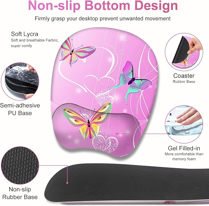 Mouse Pad with Wrist Support 4 in1 Set, XXL Big Game Mousepad + Keyboard Wrist Rest + Mouse Wrist Rest Pad +Coaster Gaming Mat for Work Study Home Office I Gradient Pink Butterfly Flower