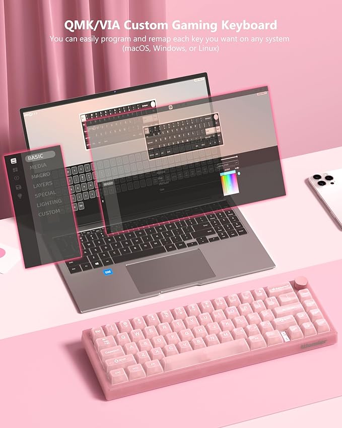 Womier 60% Keyboard QMK/VIA, Pink Gaming Mechanical Keyboard Creamy, Hot Swappable Gasket Mount RGB Wired Jade Key Board & Jelly Translucent Keycaps(VK66 PRO- Jelly)