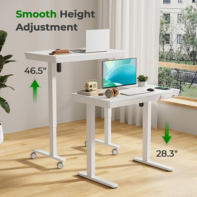 Small Standing Desk with Drawer, 35" x 20" Whole Piece Tabletop Electric Sit Stand Desk, Height Adjustable Desk with Storage & USB Ports, Quick Install Home Office Computer Desk, White