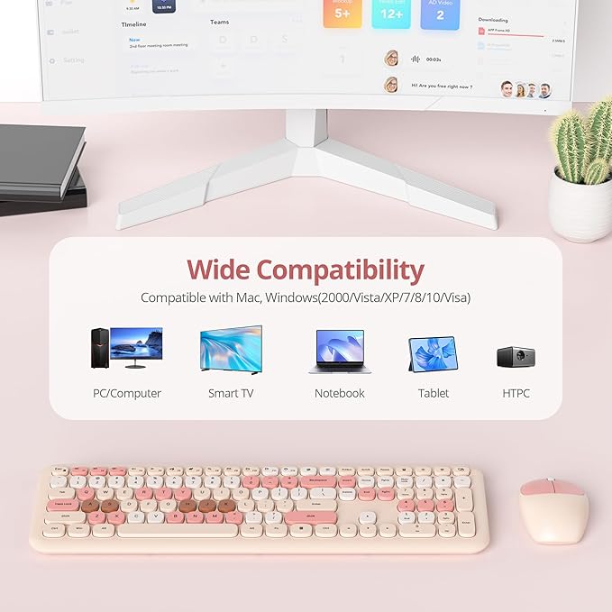 Surmen Cute Colorful Beige Keyboard and Mouse Wireless Silent, Full-Size Retro Typewriter Wireless Quiet Slim Keyboard Low-Noise 2.4GHz for Computer, Desktop, Laptop(Beige)