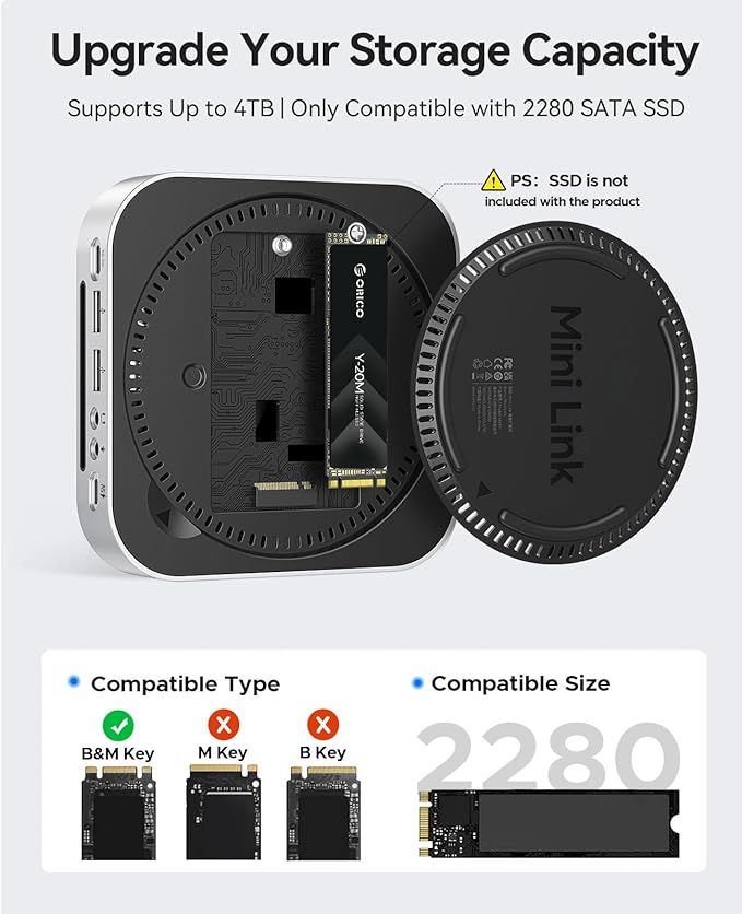 ORICO MiniLink Mac mini M4 Hub with SATA SSD Enclosure, 5Gbps(480MB/s) USB 3.0 Port, SD 3.0/TF 3.0 Card Readers, 3.5mm Headphone Jack and Microphone Jack (M410P)