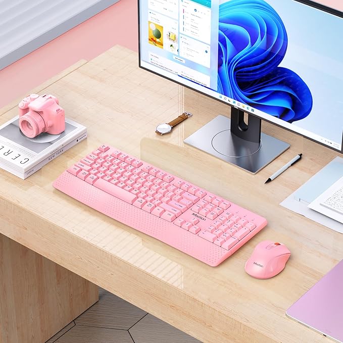 MEETION Wireless Keyboard and Mouse, Full-Sized Cordless Keyboard with Wrist Rest, 3 DPI Adjustable Mouse, Keyboard and Mouse Set with 2.4GHz USB Receiver, for PC/Computer/Laptop/Windows/Mac, Pink