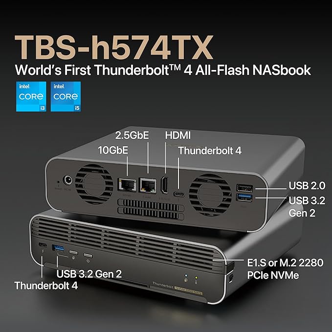 QNAP TBS-h574TX-i3-12G-US 5 Bay High-Performance E1.S All-Flash NASbook with Intel® Core™ Processor, Thunderbolt 4 and 10GbE (5G/2.5G/1G/100M/10M) Network Connectivity (Diskless)
