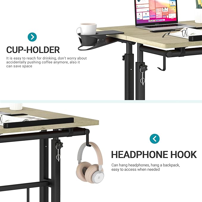 Klvied Stand Up Desk on Wheels, Portable Computer Desk for Home Office,Rolling Desk for Laptop with Removable Cup Holder, Adjustable Laptop Cart for Standing or Sitting,Grey