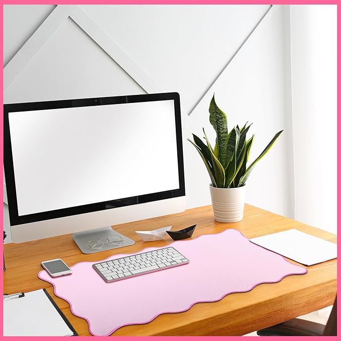 Scalloped Desk Mat Large Scalloped Piping Cute Desk Mat Aesthetic Preppy Table Pad Large Nonslip Pad with Edge Stitching Waterproof Gaming(Pink,23.62 x 13.78 Inches)