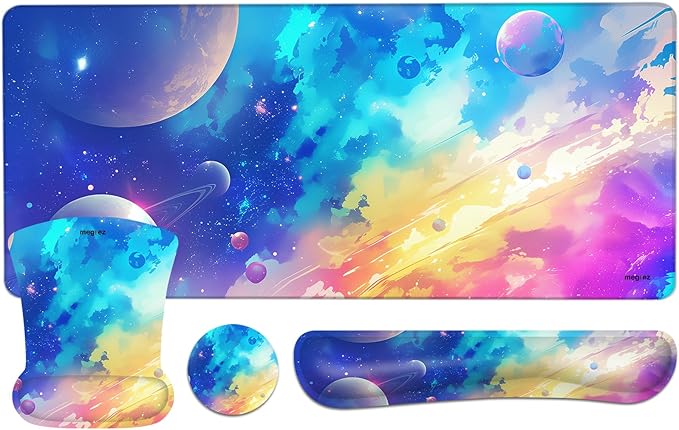 MEGREZ 4-in-1 Ergonomic Memory Foam Wrist Rest Set, Desk Pad, Mouse Pad with Wrist Rest, Keyboard Pad, Suitable for Office Workers, Programmers & Gamers–Relieve Typing & Gaming Fatigue, Interstellar