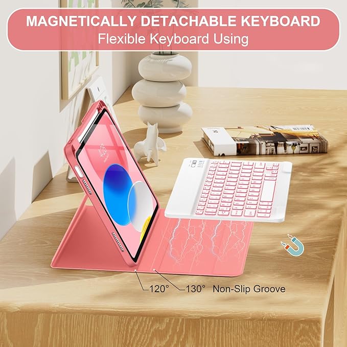 Soke for iPad (A16) 11th/10th Generation Case with Keyboard(2025/2022)-7 Color Backlight Wireless Detachable Folio Keyboard Cover with Built-in Pencil Holder for iPad 11/10.9 inch, Watermelon Red