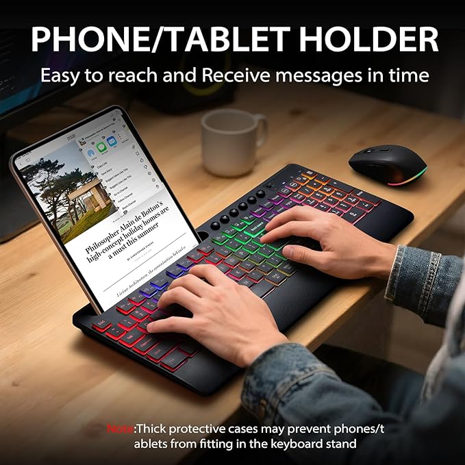Hamile Wireless Keyboard and Mouse Combo:RGB Backlit Effects,Ergonomic Full Size Silent Keyboard,Wrist Rest,2.4G Rechargeable with Phone Holder Compatible with Windows, Mac,PC,Laptop, Black