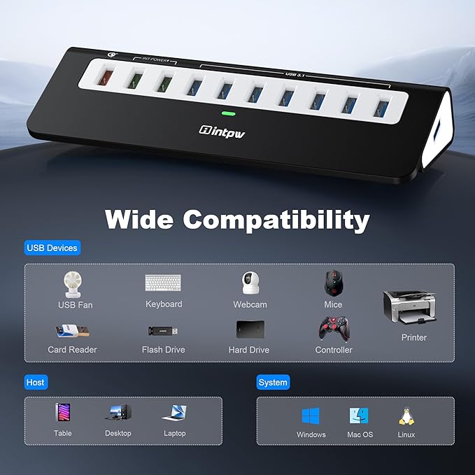 Powered USB Hub 10Gbps, 10 Port USB 3.2 Gen 2 Hub with 7 USB 3.2 Data Ports, 3 Fast Charging Ports, 36W Power Adapter, Type A and Type C Cable, Aluminum USB Data Hub for Mac, PC, Laptop