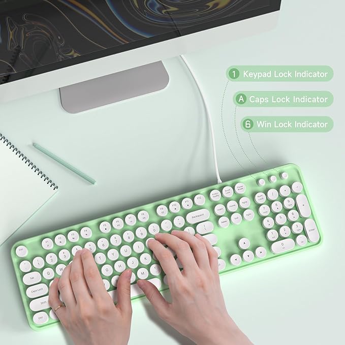 Computer Keyboard Wired, Plug and Play USB Retro Round Typewriter Keyboard, Full Size Wired Keyboard with Foldable Stands for Laptop and Office PC- Green&White Colorful