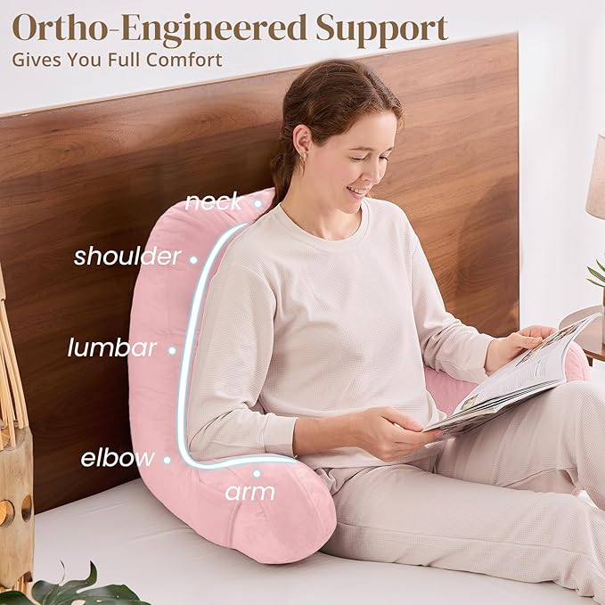 Sasttie Reading Pillow for Bed - 23 Inch, Back Pillow for Bed Sitting Up, Back-Rest Support Cushion with Side Pockets and Arms, Dorm Essentials, Oeko-Tex Certified, Light Pink
