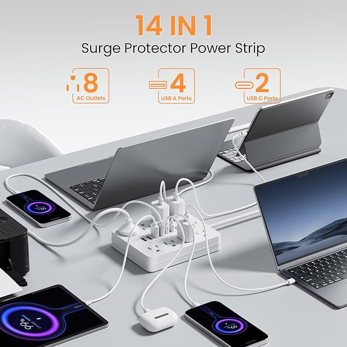 Surge Protector Power Strip - 8 Outlets(1250W/10A) 4 USB A（2 USB C, 10FT Flat Plug Extension Cord, Wall Mount Multi Plug Outlet Extender, ETL Listed for Home, Dorm Room