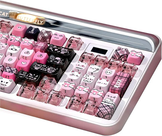 26 Keys Crystal Jelly Personalized Keycaps, PC Material Cute Black Pink Cat Transparent Custom Keycaps, Mao Profile Keycap for DIY MX Swithes Mechanical Keyboards