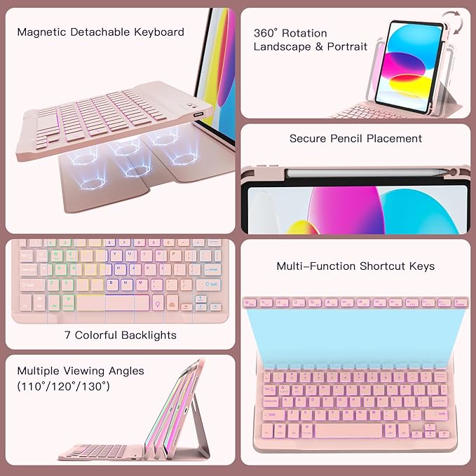 for iPad 11th(A16, 2025)/10th Generation Case with Keyboard, 360° Rotatable Case & Detachable Backlit Keyboard, Precision Cutouts and Pen Holder for iPad A16 11''/10th 10.9'', Light Pink