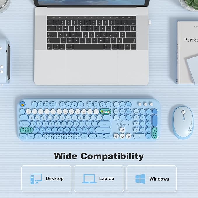 MOFII Wireless Keyboard and Mouse Combo, Cute Keyboard Full Size and Wireless Mouse, 2.4GHz Retro Typewriter Keyboard Mouse Set for PC/Desktop/Laptop/Windows (Blue Colorful)