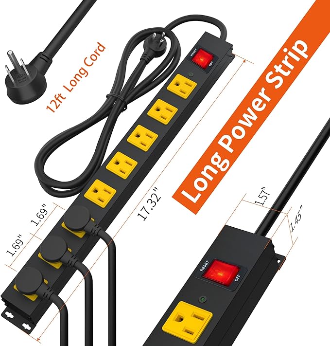 8 Outlet Power Strip 2100J Surge Protector, 12FT Heavy Duty Extension Cord Wide Spaced Outlet and Wall Mount Metal Powerstrip for Home Office Garage Workshop