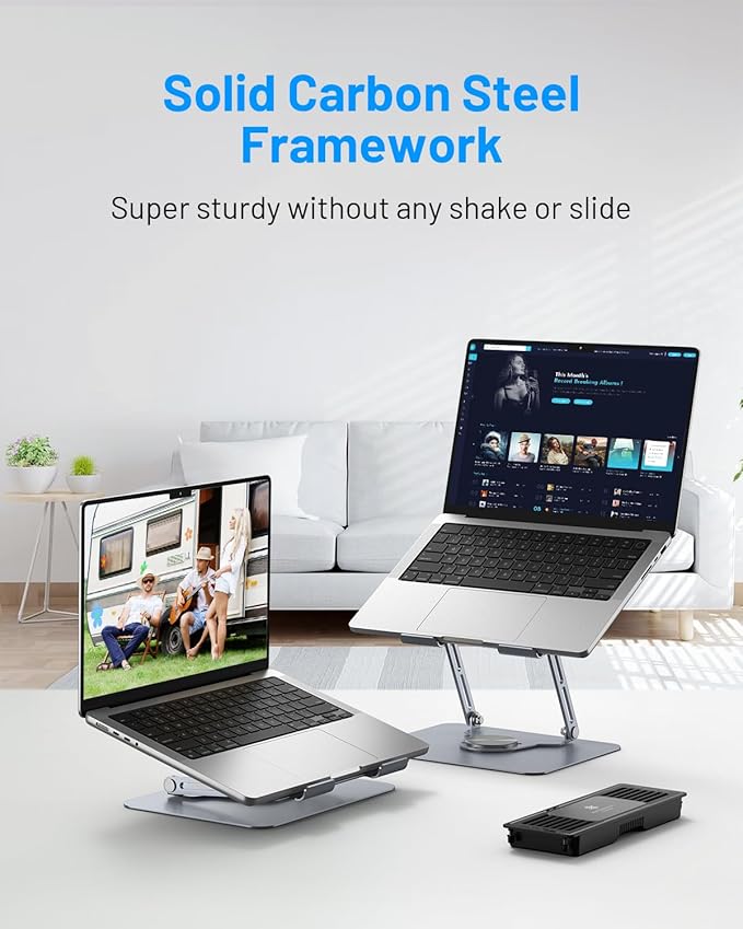 Laptop Cooling Pad with Detachable Fan & Cooler, Adjustable Height & Angle, 360 Rotation Base, Carbon Steel Framework, Ultra-Quiet & Super Sturdy for 15.6” Laptop, DJ Mixer Workstation (Grey)
