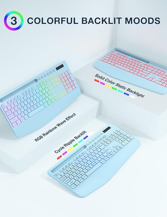 Wireless Keyboard and Mouse Combo, 9 Backlit Effects, Wrist Rest, Phone Holder, 3 DPI Speed, 2.4G Ergonomic Keyboards, KM22 MAX Rechargeable Silent Set for Computer, Laptop, Mac, Windows, Blue-SABLUTE