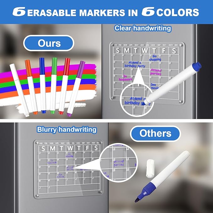 Acrylic Magnetic Monthly and to Do List for Fridge, Acrylic Clear Magnetic Dry Erase Board Calendar for Refrigerator, Reusable Planning Board, Planner Includes 6 Dry Erase Markers (16"x12"+ 8"x12")