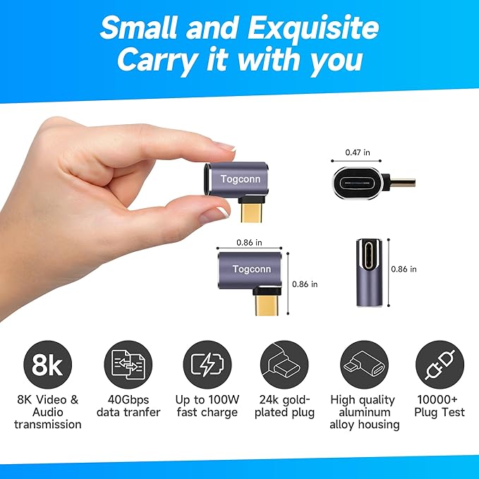 Flat 90 Degree Right Angle USB C Adapter (4 Pack), USB Type-C Male to Female Extender Connector, 40Gbps, 8K@60Hz Compatible with MacBook Pro/Air, iPhone 15/15 Pro Max, iPad Pro, Tablet, Phone, More