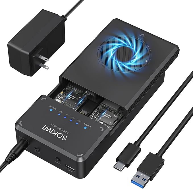 Sokiwi 10Gbps NVMe Docking Station with Cooling Fan - Dual-Bay Offline Clone Tool-Free NVMe M.2 SSD Enclosure for 2230/2242/2260/2280 SSDs (up to 8TB)