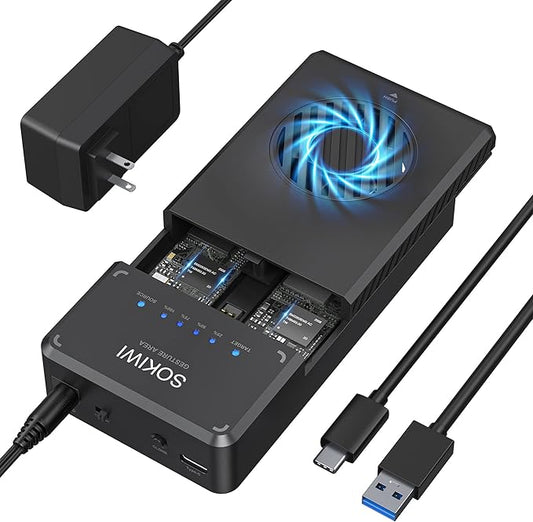 Sokiwi 10Gbps NVMe Docking Station with Cooling Fan - Dual-Bay Offline Clone Tool-Free NVMe M.2 SSD Enclosure for 2230/2242/2260/2280 SSDs (up to 8TB)