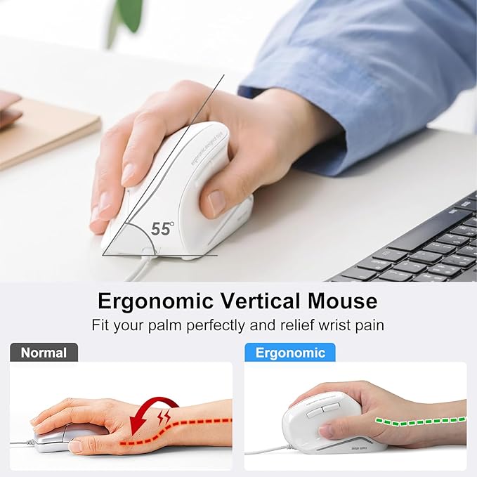 SANWA Wired Ergonomic Mouse, Silent Click Vertical Computer Mice, 3 Programmable Buttons, Optical Ergo Mouse, Reduce Wrist Strain, 1000/1600 DPI, Compatible with Mac, Windows, Laptop, PC, White
