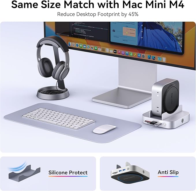 Yottamaster 9 in 1 Mac mini M4 Dock 10Gbps with 8TB NVMe SATA SSD Enclosure, Aluminum Mac mini M4 Stand and Hub, Built in Cool Fan, USB-A*2/USB-C 10Gbps, USB-A 2.0 * 2, 3.5mm Audio*2, TF/SD