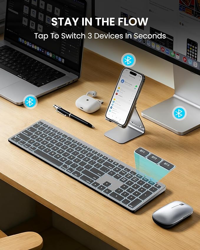SABLUTE Bluetooth Keyboard and Mouse for Mac — 7-Color Backlit, Multi-Device, Rechargeable, KMA1pro Full-Size Wireless Keyboard Mouse Combo with Quiet Scissor-Switch Keys for Mac (Space Gray)