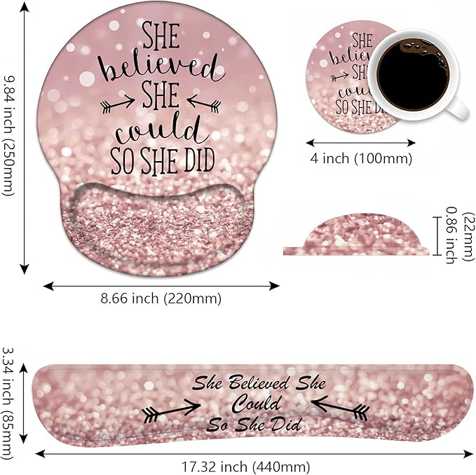 Keyboard Wrist Rest and Mouse Pad Wrist Support, She Believed She Could So She Did Inspirational Quote Non-Slip PU Base, Easy Typing and Relieve Wrist Pain, Perfect for Home Office Working Studying