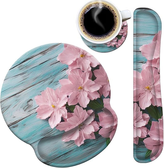 Mouse Pad Wrist Support and Keyboard Wrist Rest with Coaster,Non-Slip Rubber Base Ergonomic Gaming Mousepad for Home Office Working Studying Easy Typing & Pain Relief,Pink Hyacinth