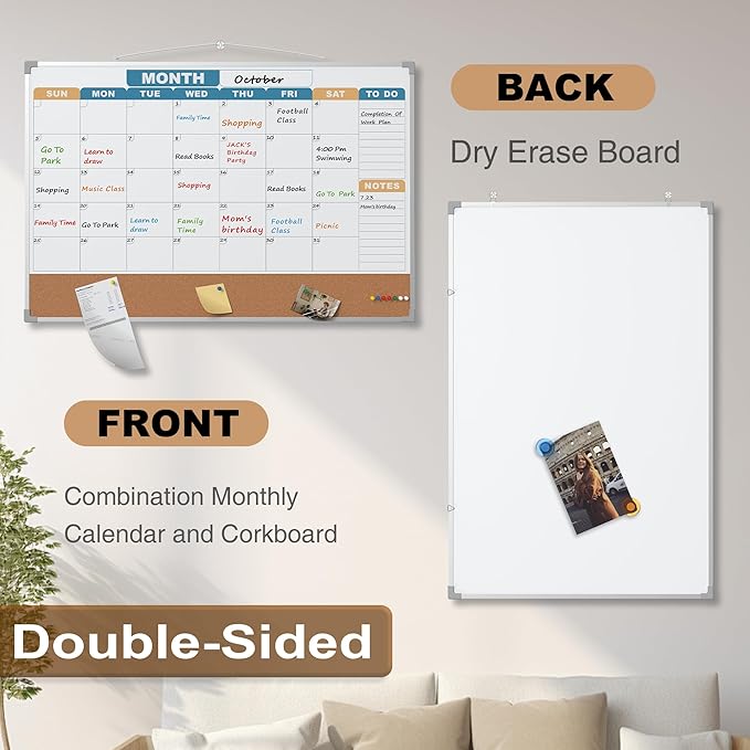 Monthly Calendar Dry Erase Board 36x24 Inch, Double-Sided Whiteboard and Corkboard Combo with Silver Aluminum Frame (Color Calendar), Wall Mounted Planer with Marker, Magnet, Push Pin, Eraser