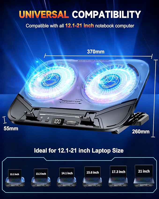 Upgraded Laptop Cooling Pad with Dual TEC Cooler, Gaming Laptop Cooler, 2 Powerful Turbo Fans, Fast Cooling Laptop 12-21in, 5 Height Stands, 100 Gear Speed Adjust, LCD Screen, RGB, Phone Holder