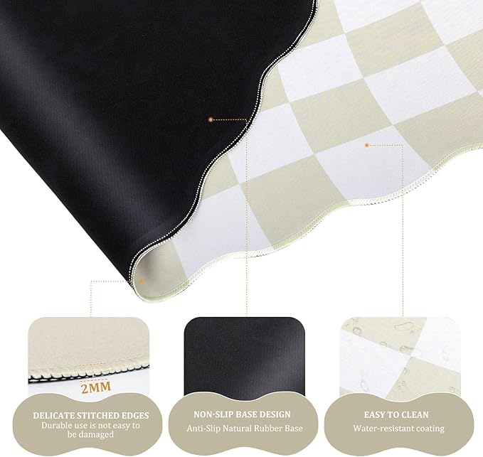L-SPOUTTO Beige Checkered Mouse Pad Set,Scalloped XXL Desk Mat + Ergonomic Mouse Wrist Rest + Gel Keyboard Wrist Rest for Keyboard 65%/75%,3in1 Large Desk Pad for Desktop Home Office Computer Game